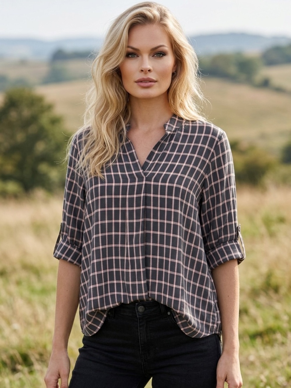 Poetry Black & Beige Plaid Button Down Blouse US 12